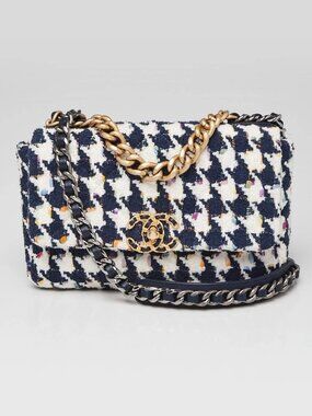 Chanel Blue/White Houndstooth Tweed Chanel 19 Small Flap Bag